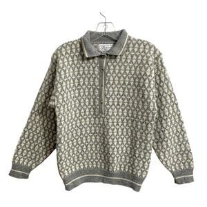 PSL Collection Collared Fair Isle Quarter Button Sweater Size M Gray Vintage 80s
